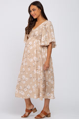 Taupe Floral Smocked Maternity Midi Dress