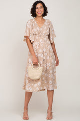 Taupe Floral Smocked Midi Dress