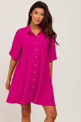 Magenta Button Up Cuff Sleeve Dress