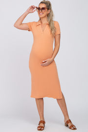 Peach Collared Ribbed Maternity Midi Dress