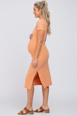 Peach Collared Ribbed Maternity Midi Dress