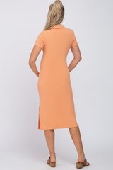 Peach Collared Ribbed Maternity Midi Dress