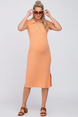 Peach Collared Ribbed Maternity Midi Dress