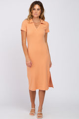 Peach Collared Ribbed Maternity Midi Dress