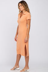 Peach Collared Ribbed Midi Dress