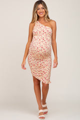 Cream Floral Ruched One Shoulder Maternity Midi Dress