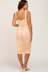 Peach Floral Ruched Sleeveless Maternity Midi Dress