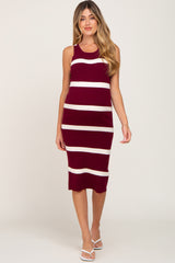 Burgundy Striped Sleeveless Sweater Maternity Midi Dress