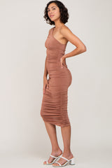 Brown One Shoulder Ruched Midi Dress