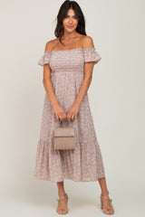 Light Pink Floral Smocked Square Neck Midi Dress