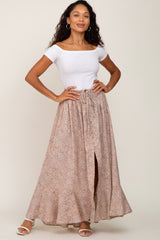 Beige Floral Button Front Smocked Waist Maternity Maxi Skirt