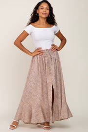 Beige Floral Button Front Smocked Waist Maxi Skirt