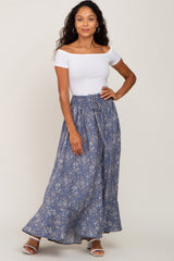 Blue Floral Button Front Smocked Waist Maxi Skirt