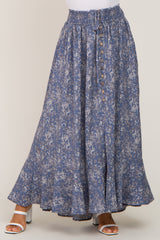 Blue Floral Button Front Smocked Waist Maxi Skirt