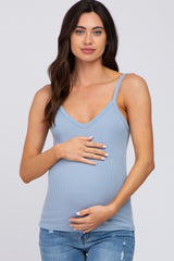 Light Blue Ribbed V-Neck Maternity Tank Top