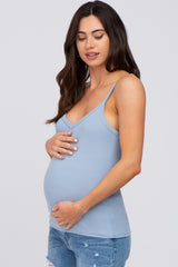 Light Blue Ribbed V-Neck Maternity Tank Top