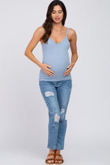 Light Blue Ribbed V-Neck Maternity Tank Top