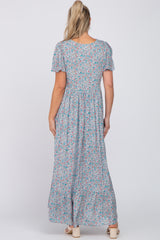 Light Blue Floral Smocked Front Ruffle Hem Maternity Maxi Dress