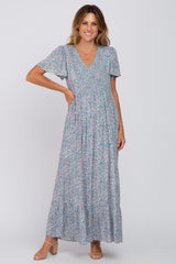 Light Blue Floral Smocked Front Ruffle Hem Maxi Dress