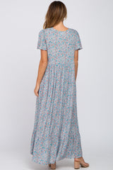 Light Blue Floral Smocked Front Ruffle Hem Maxi Dress