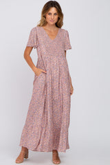 Pink Floral Smocked Front Ruffle Hem Maxi Dress