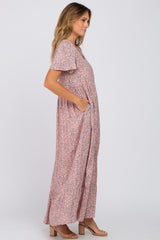 Pink Floral Smocked Front Ruffle Hem Maxi Dress