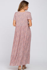 Pink Floral Smocked Front Ruffle Hem Maxi Dress