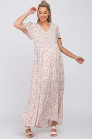 Ivory Floral Smocked Front Ruffle Hem Maternity Maxi Dress