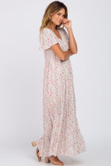 Ivory Floral Smocked Front Ruffle Hem Maxi Dress