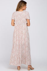 Ivory Floral Smocked Front Ruffle Hem Maxi Dress