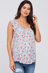 Light Blue Floral Ruffle Strap Maternity Blouse