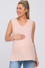 Peach Sleeveless Ribbed V-Neck Maternity Top