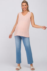 Peach Sleeveless Ribbed V-Neck Maternity Top