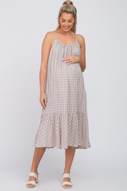 Peach Gingham Ruffle Hem Maternity Midi Dress