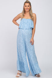 Light Blue Floral Paisley Ruffle Strapless Maternity Jumpsuit