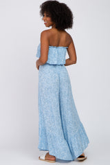 Light Blue Floral Paisley Ruffle Strapless Jumpsuit