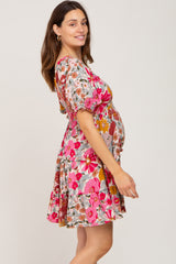 Fuchsia Floral Square Neck Ruffle Tiered Maternity Dress