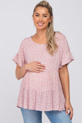 Mauve Floral Ruffle Short Sleeve Tiered Maternity Top