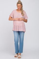 Mauve Floral Ruffle Short Sleeve Tiered Maternity Top