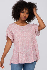 Mauve Floral Ruffle Short Sleeve Tiered Maternity Top