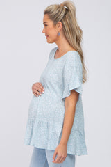 Light Blue Floral Ruffle Short Sleeve Tiered Maternity Top