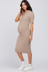 Beige Ribbed Fitted Collared Maternity Dress