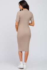 Beige Ribbed Fitted Collared Maternity Dress