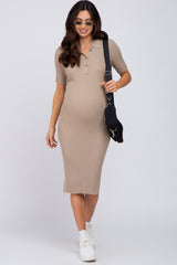 Beige Ribbed Fitted Collared Maternity Dress