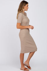 Beige Ribbed Fitted Collared Dress