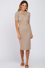 Beige Ribbed Fitted Collared Dress