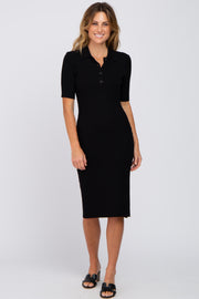 Black Ribbed Fitted Collared Dress