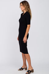 Black Ribbed Fitted Collared Dress