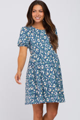 Blue Floral Puff Short Sleeve Maternity Babydoll Dress