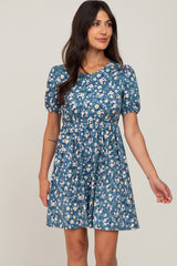 Blue Floral Puff Short Sleeve Maternity Babydoll Dress